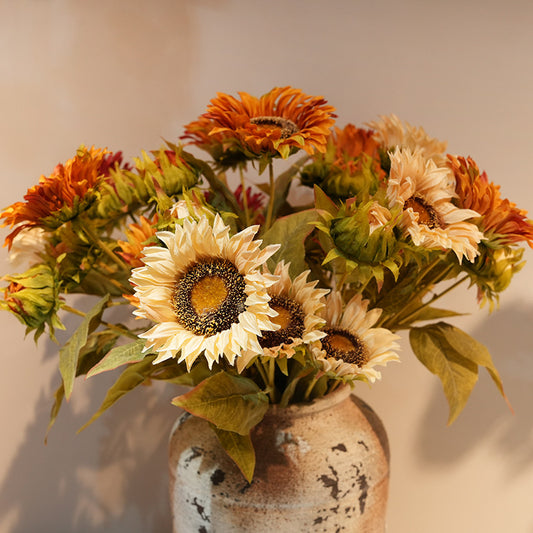 Artificial sunflower stem in oil-painting style coloring, black and red color