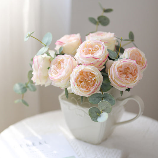 Artificial garden rose and peony silk flower stem, pure white color