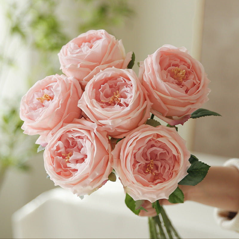 Artificial garden rose and peony silk flower stem, champagne pink color