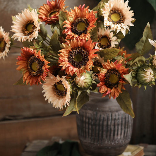 Artificial sunflower stem in oil-painting style coloring, off-white color