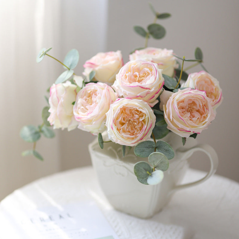 Artificial garden rose and peony silk flower stem, pure white color