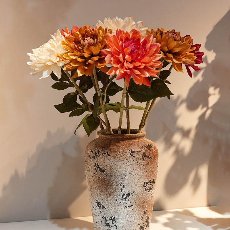 Artificial chrysanthemum stem with large silk flower head, orange color