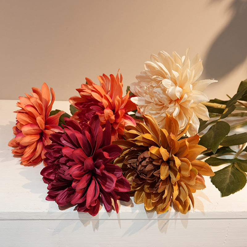 Artificial chrysanthemum stem with large silk flower head, red color
